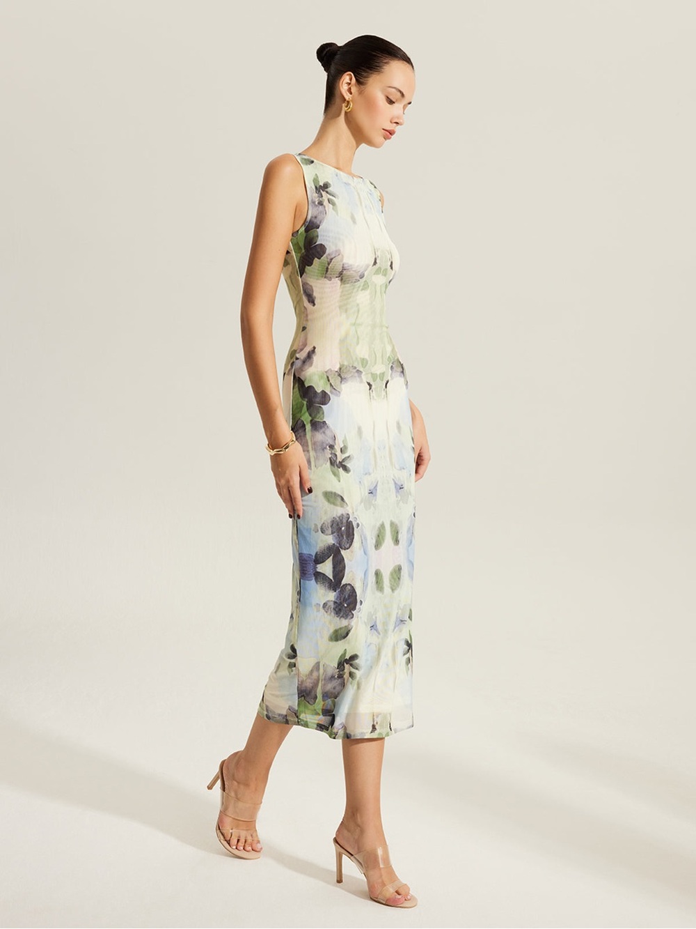Commense Sleeveless Floral Midi Dress in Pastel Green and Blue